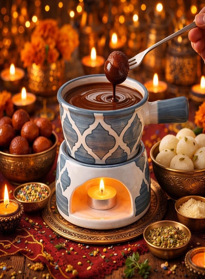 Kunhar طقم فوندو سيراميك من كونهار مع شمعتين صغيرتين، سعة 450 مل، (رمادي) - Image 3